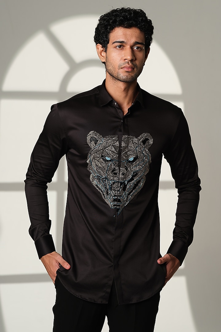 Navy Blue Stretchable Cotton Shirt by SANJANA REDDY MEN at Pernia's Pop Up Shop