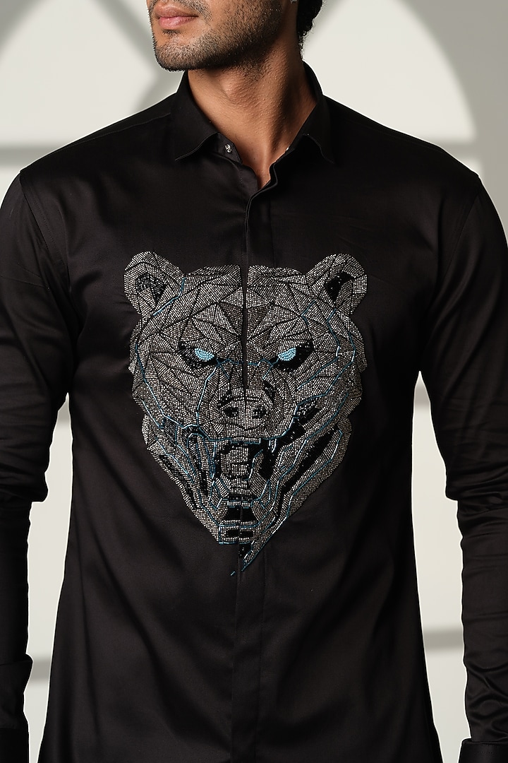 Navy Blue Stretchable Cotton Shirt by SANJANA REDDY MEN at Pernia's Pop Up Shop