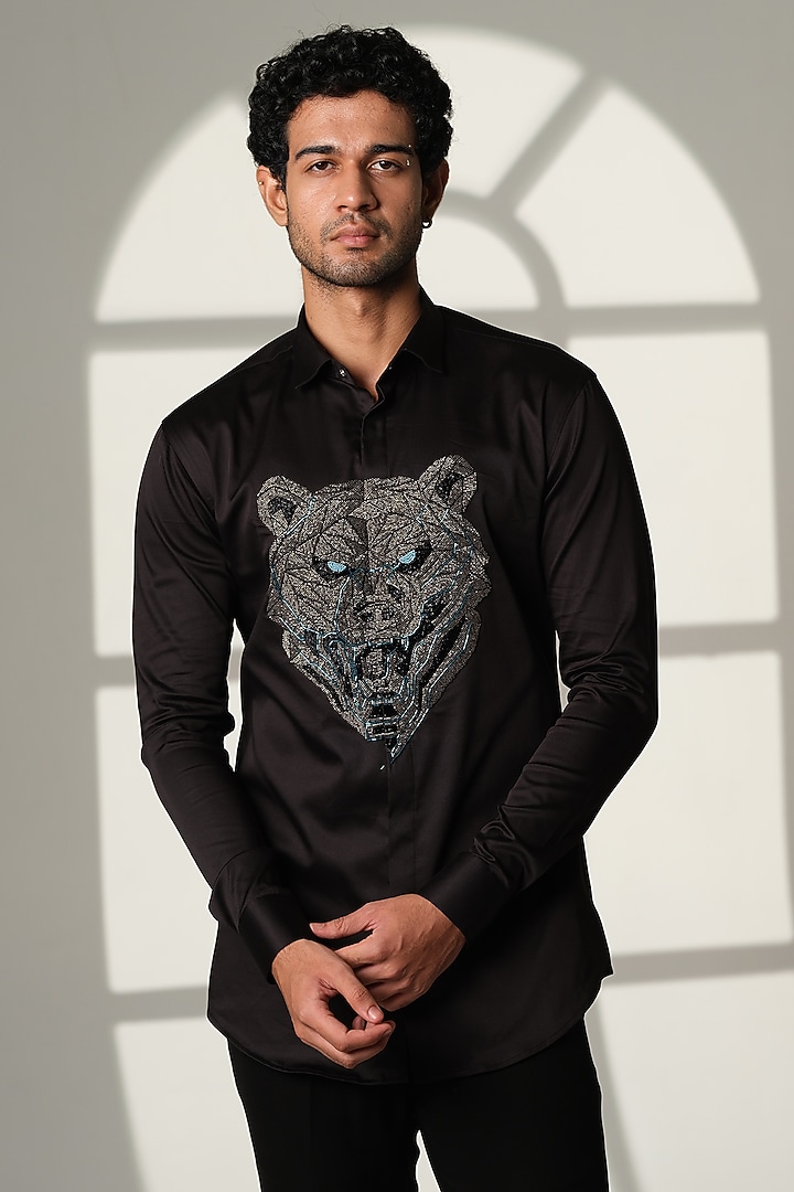 Navy Blue Stretchable Cotton Shirt by SANJANA REDDY MEN at Pernia's Pop Up Shop