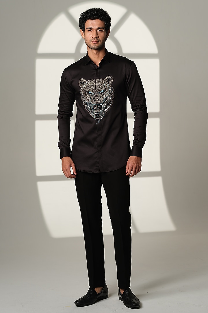 Navy Blue Stretchable Cotton Shirt by SANJANA REDDY MEN at Pernia's Pop Up Shop