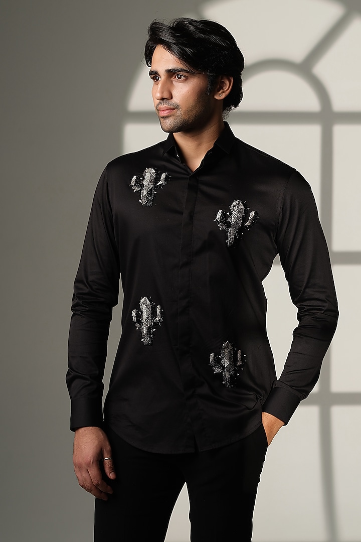Black Cotton Party Wear Shirt by SANJANA REDDY MEN at Pernia's Pop Up Shop