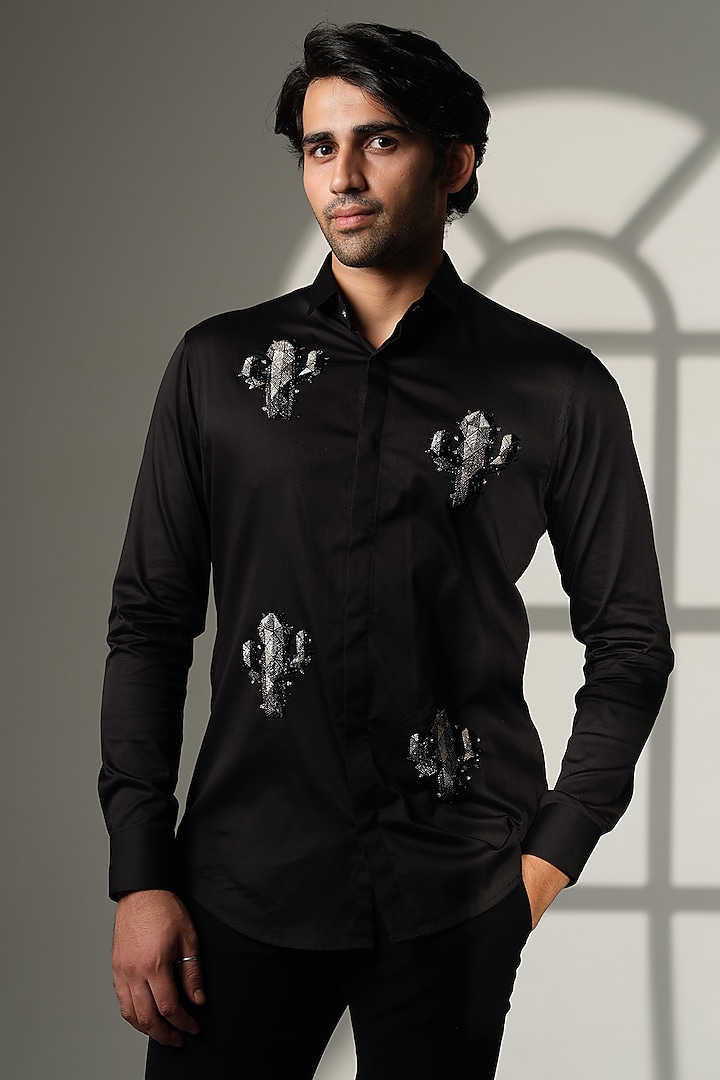 Black Cotton Party Wear Shirt by SANJANA REDDY MEN at Pernia's Pop Up Shop