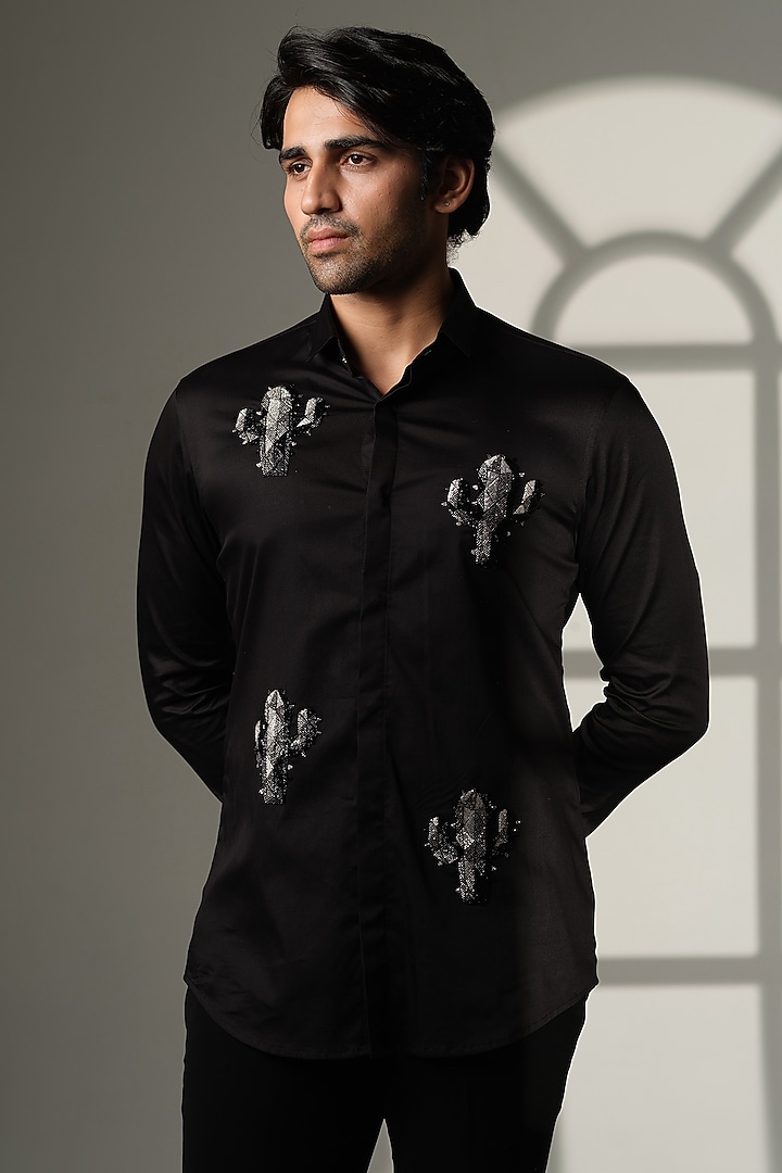 Black Cotton Party Wear Shirt by SANJANA REDDY MEN at Pernia's Pop Up Shop