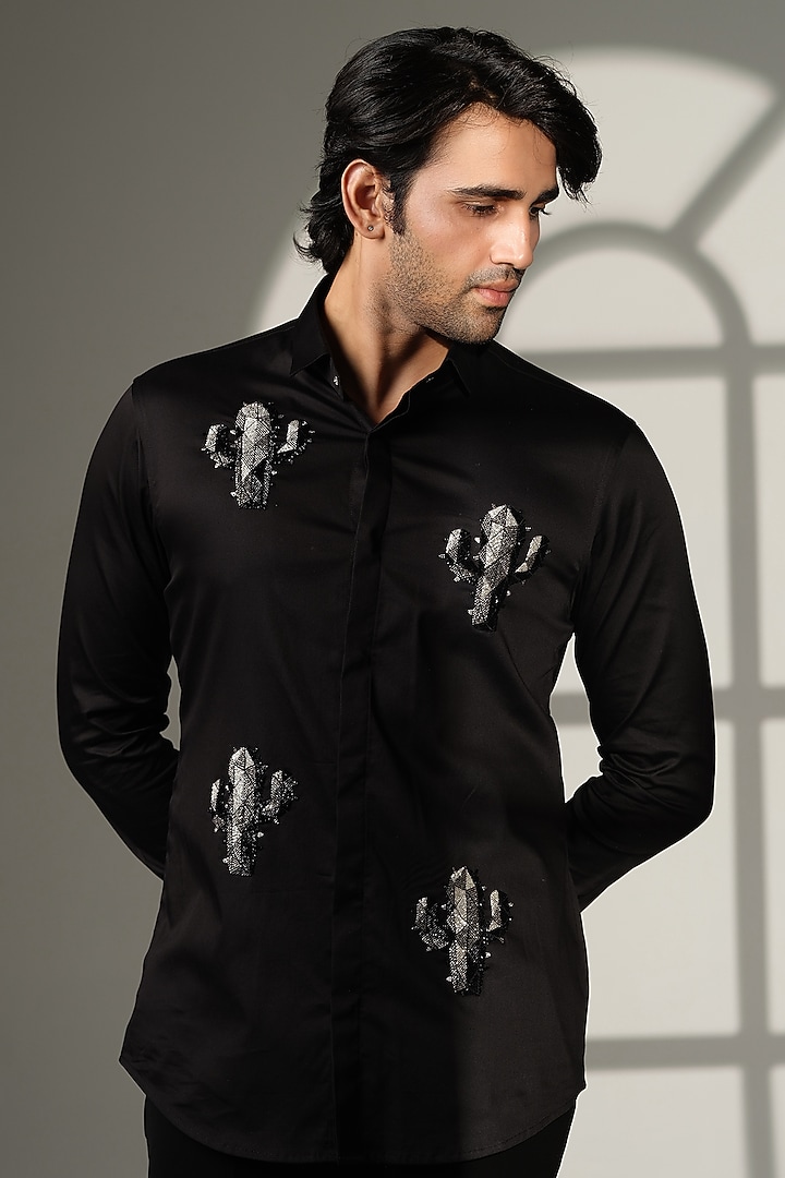 Black Cotton Party Wear Shirt by SANJANA REDDY MEN at Pernia's Pop Up Shop