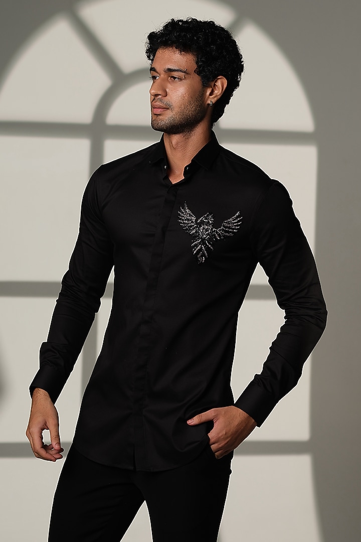 Black Cotton Party Wear Shirt by SANJANA REDDY MEN at Pernia's Pop Up Shop