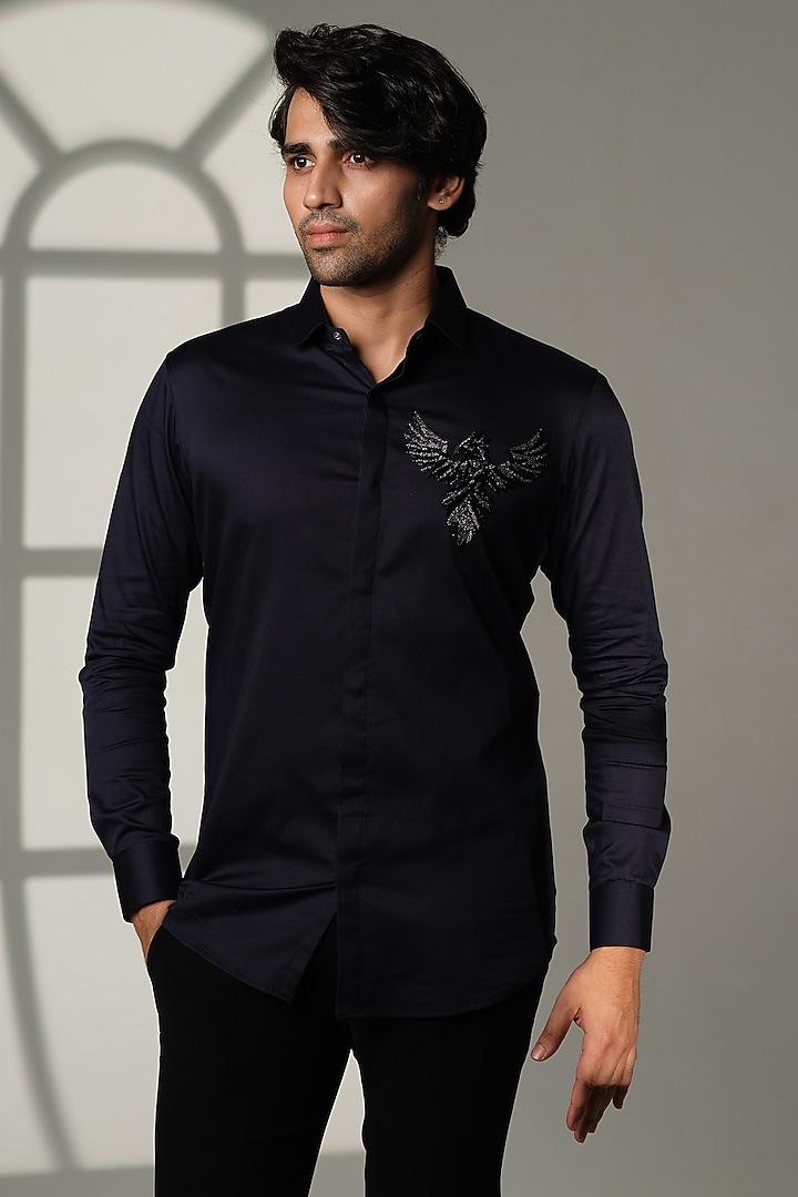 Navy Blue Cotton Party Wear Shirt by SANJANA REDDY MEN at Pernia's Pop Up Shop