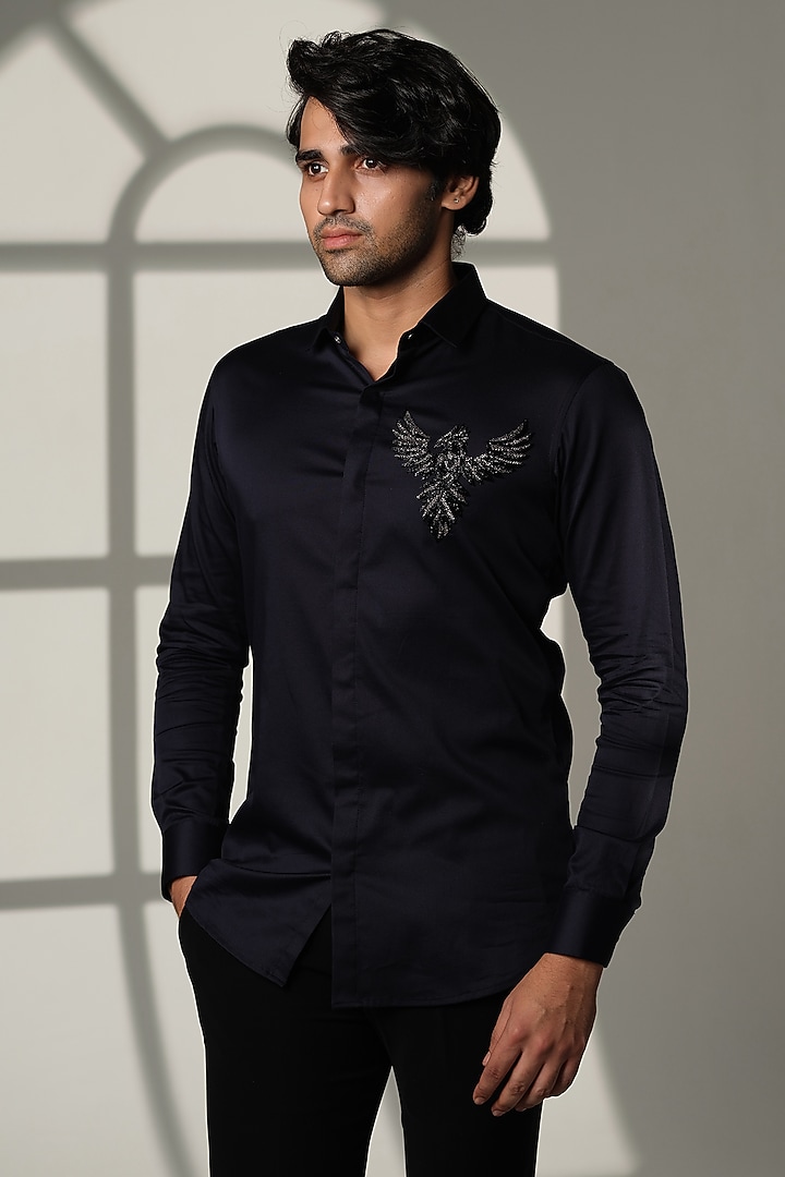Navy Blue Cotton Party Wear Shirt by SANJANA REDDY MEN at Pernia's Pop Up Shop
