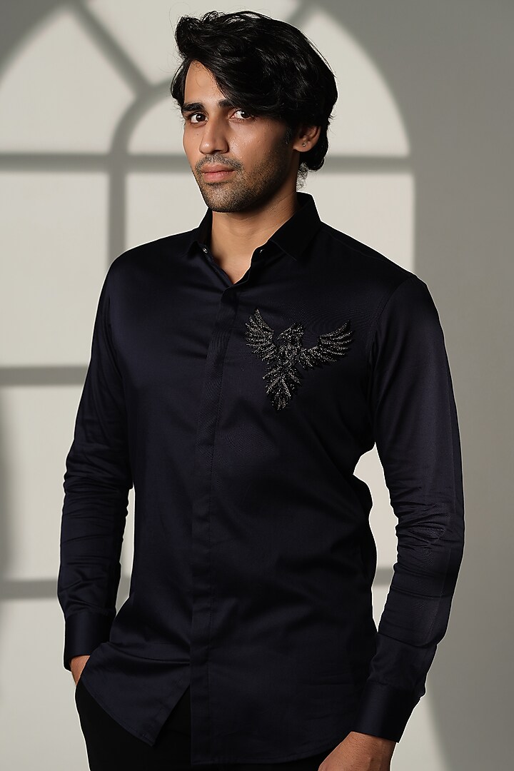 Navy Blue Cotton Party Wear Shirt by SANJANA REDDY MEN at Pernia's Pop Up Shop