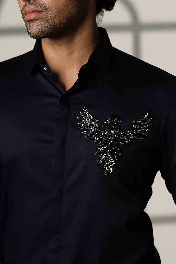 Navy Blue Cotton Party Wear Shirt by SANJANA REDDY MEN at Pernia's Pop Up Shop