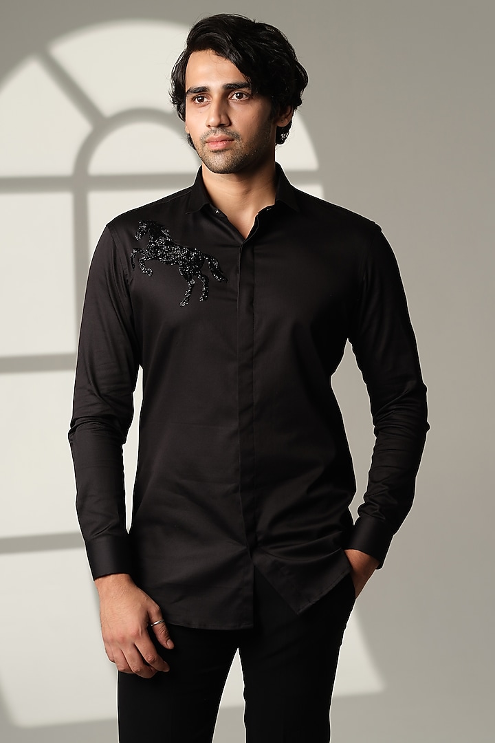 Black Cotton Shirt by SANJANA REDDY MEN at Pernia's Pop Up Shop