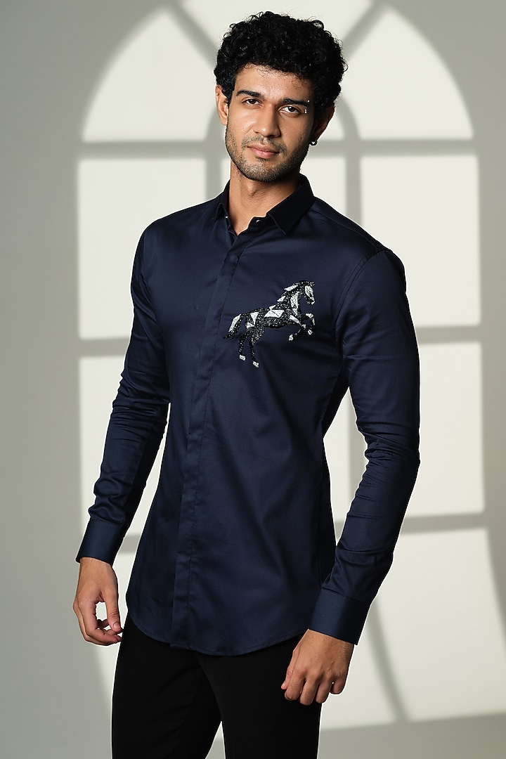 Blue Cotton Party Wear Shirt by SANJANA REDDY MEN at Pernia's Pop Up Shop