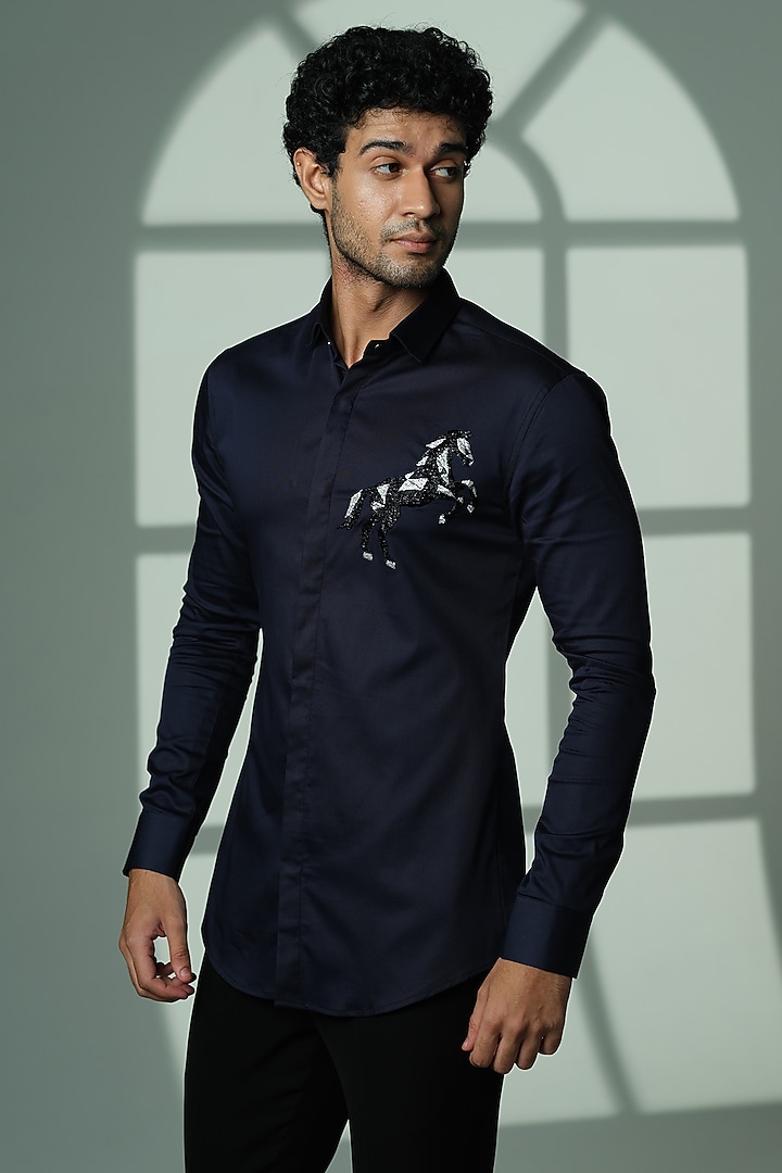 Blue Cotton Party Wear Shirt by SANJANA REDDY MEN at Pernia's Pop Up Shop