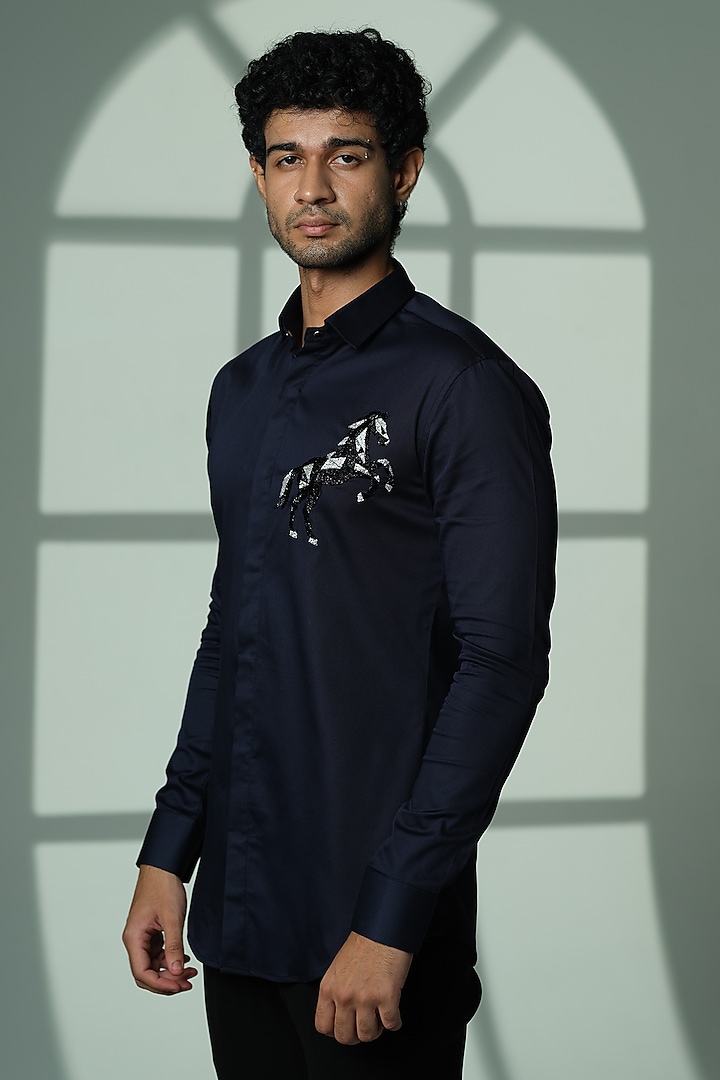 Blue Cotton Party Wear Shirt by SANJANA REDDY MEN at Pernia's Pop Up Shop
