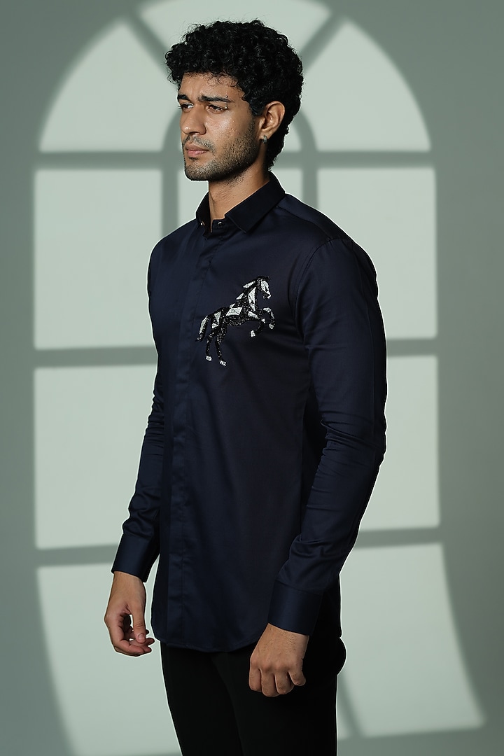 Blue Cotton Party Wear Shirt by SANJANA REDDY MEN at Pernia's Pop Up Shop