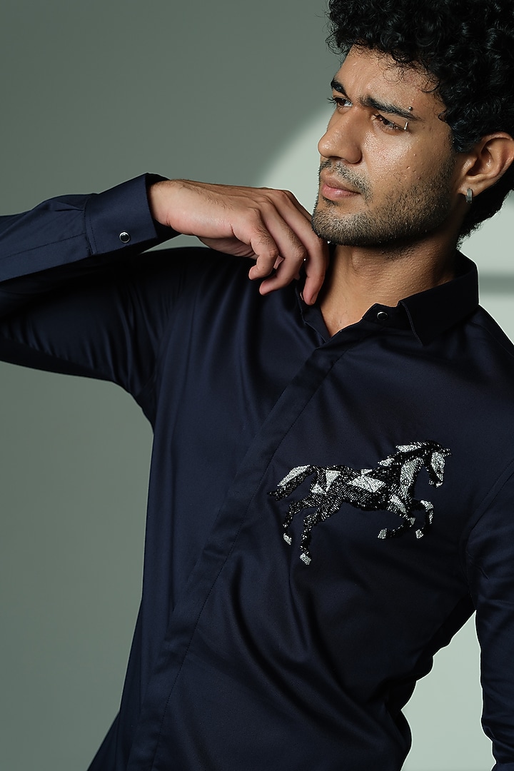 Blue Cotton Party Wear Shirt by SANJANA REDDY MEN at Pernia's Pop Up Shop