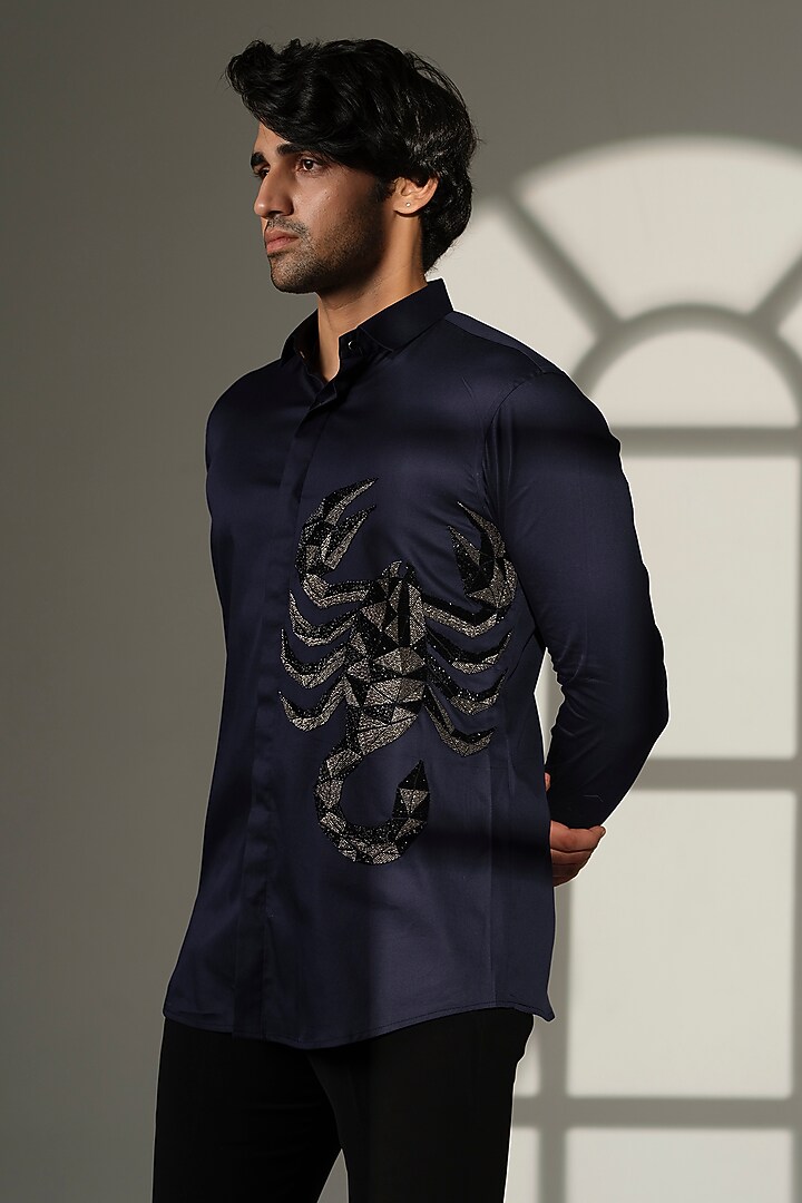 Navy Blue Cotton Party Wear Shirt by SANJANA REDDY MEN at Pernia's Pop Up Shop