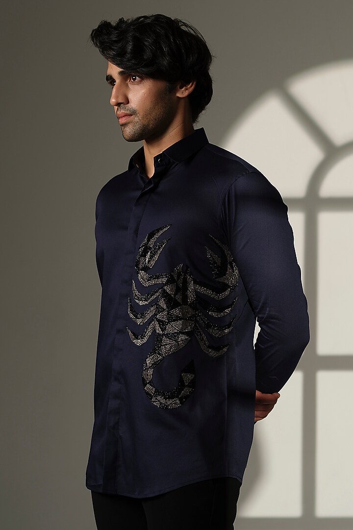 Navy Blue Cotton Party Wear Shirt by SANJANA REDDY MEN at Pernia's Pop Up Shop