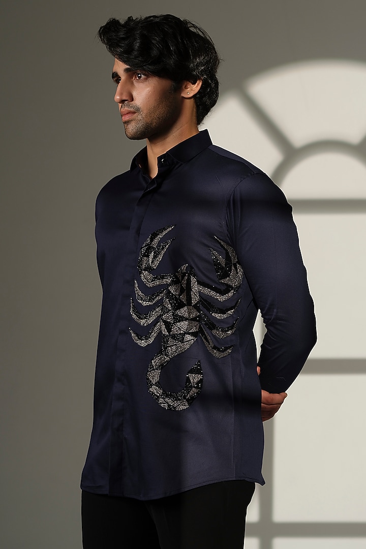 Navy Blue Cotton Party Wear Shirt by SANJANA REDDY MEN at Pernia's Pop Up Shop
