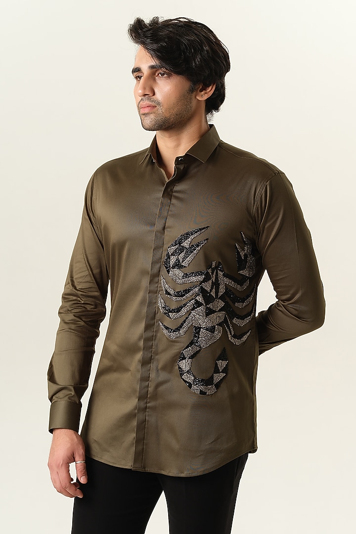 Olive Green Cotton Party Wear Shirt by SANJANA REDDY MEN at Pernia's Pop Up Shop
