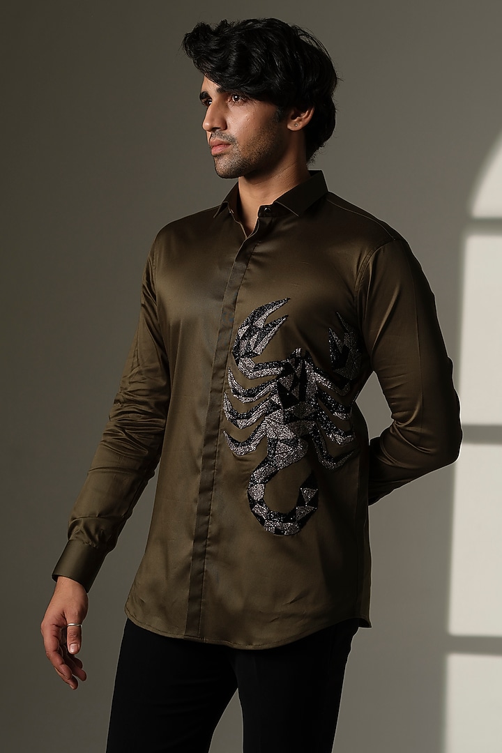 Olive Green Cotton Party Wear Shirt by SANJANA REDDY MEN at Pernia's Pop Up Shop