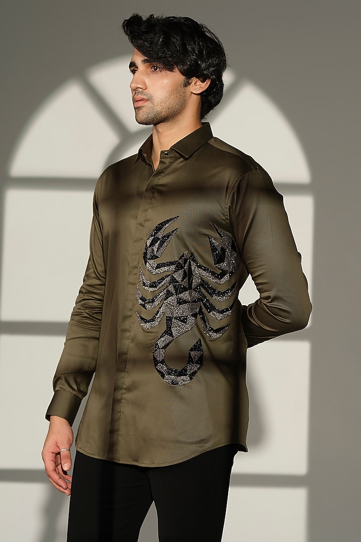 Olive Green Cotton Party Wear Shirt by SANJANA REDDY MEN at Pernia's Pop Up Shop