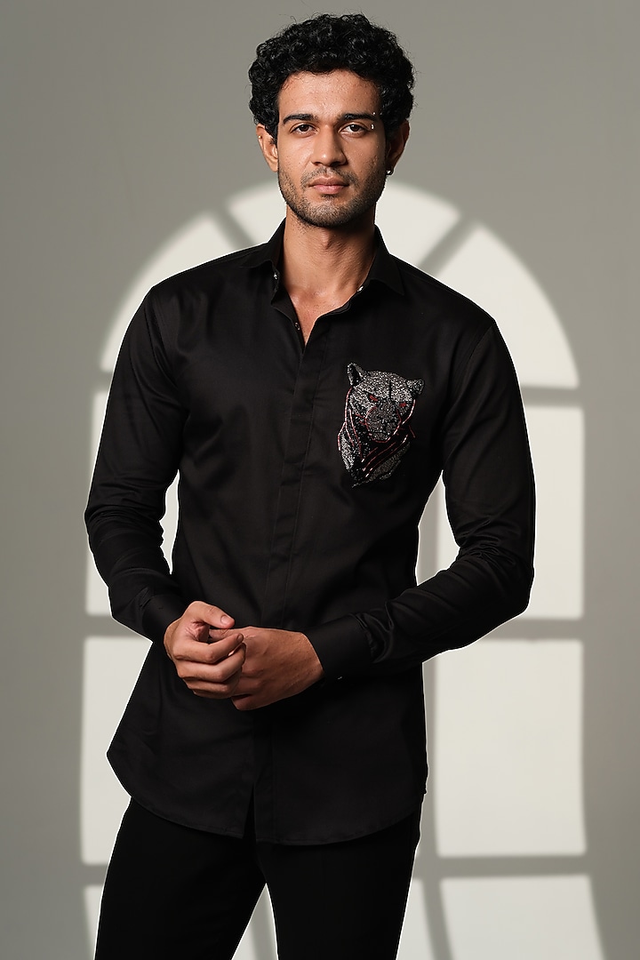 Black Cotton Party Wear Shirt by SANJANA REDDY MEN at Pernia's Pop Up Shop
