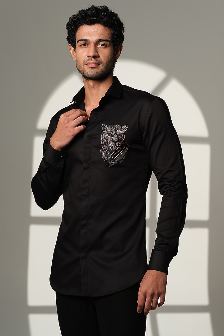 Black Cotton Party Wear Shirt by SANJANA REDDY MEN at Pernia's Pop Up Shop