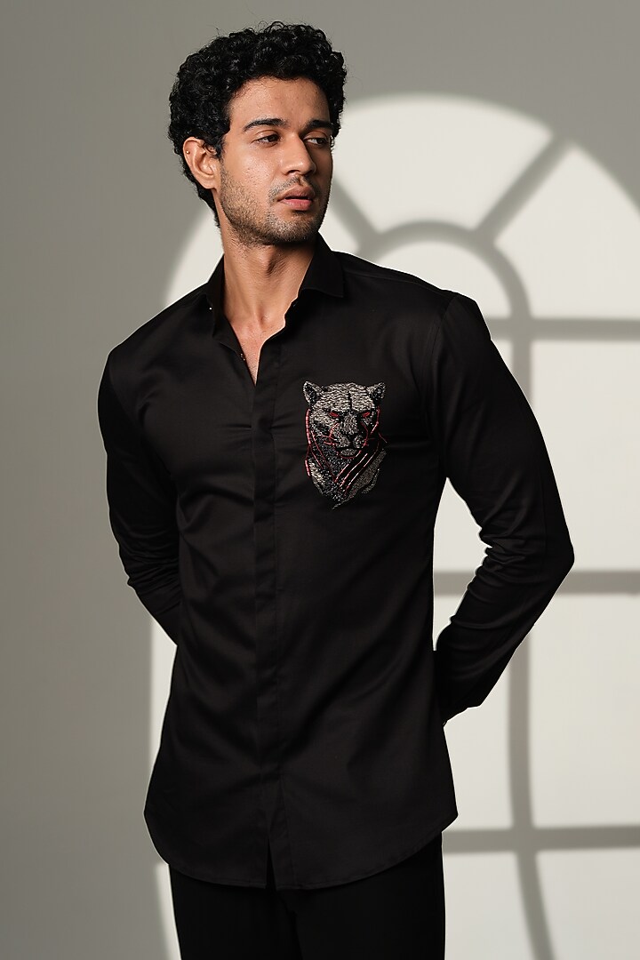 Black Cotton Party Wear Shirt by SANJANA REDDY MEN at Pernia's Pop Up Shop