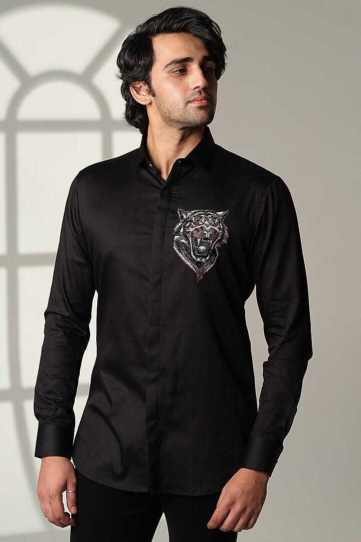 Black Cotton Party Wear Shirt by SANJANA REDDY MEN at Pernia's Pop Up Shop