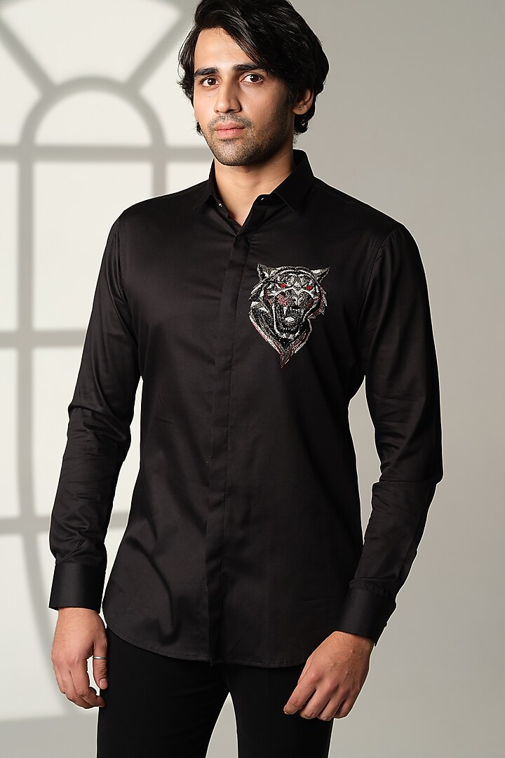 Black Cotton Party Wear Shirt by SANJANA REDDY MEN at Pernia's Pop Up Shop