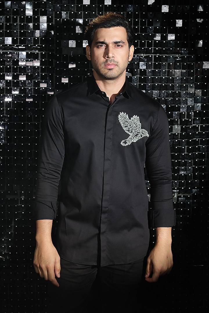 Black Stretchable Cotton Cutdana Hand Embroidered Party Wear Shirt by SANJANA REDDY MEN at Pernia's Pop Up Shop