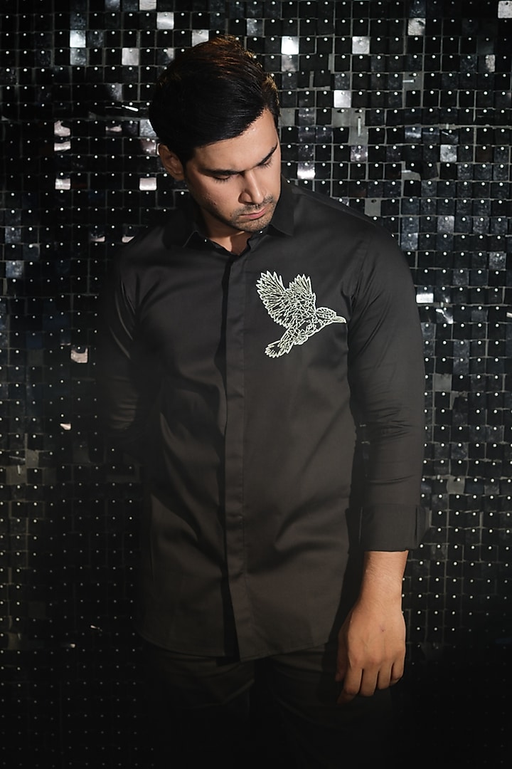 Black Stretchable Cotton Cutdana Hand Embroidered Party Wear Shirt by SANJANA REDDY MEN at Pernia's Pop Up Shop