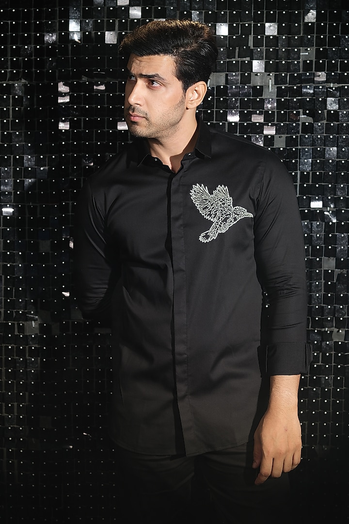 Black Stretchable Cotton Cutdana Hand Embroidered Party Wear Shirt by SANJANA REDDY MEN at Pernia's Pop Up Shop