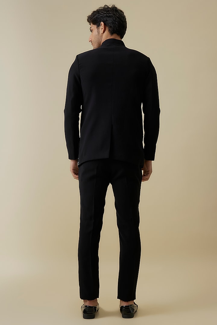 Black Poly Italian Fabric Angrakha-Style Wedding Bandhgala Set by SANJANA REDDY MEN at Pernia's Pop Up Shop