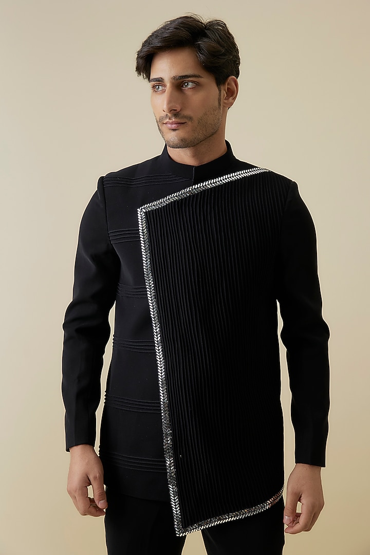Black Poly Italian Fabric Angrakha-Style Wedding Bandhgala Set by SANJANA REDDY MEN at Pernia's Pop Up Shop