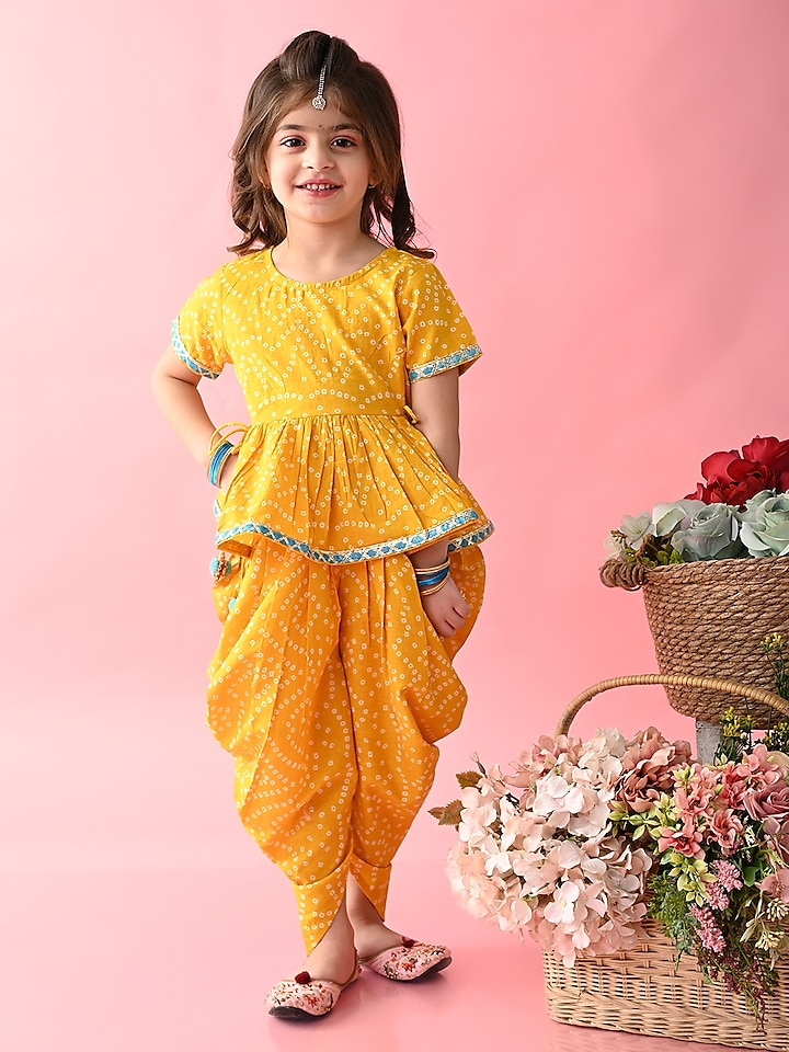 Yellow Pure Cotton Bandhani Printed Dhoti Set For Girls by Saka Designs