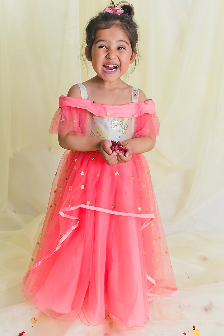 Ivory & Pastel Peach Gown For Girls by Saka Designs