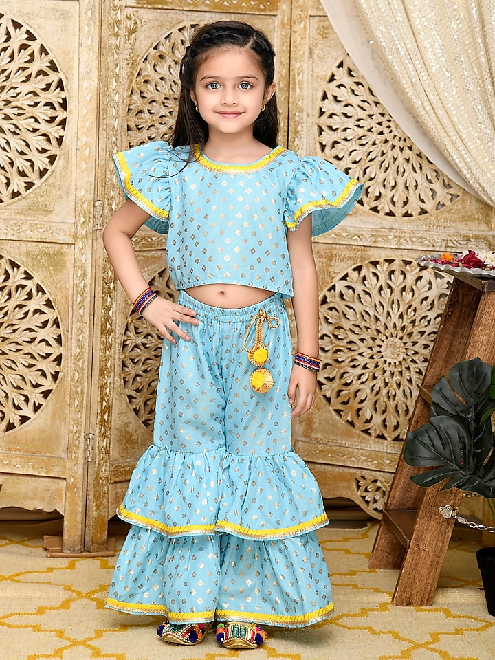 Sky Blue & Gold Cotton Sharara Set For Girls by Saka Designs