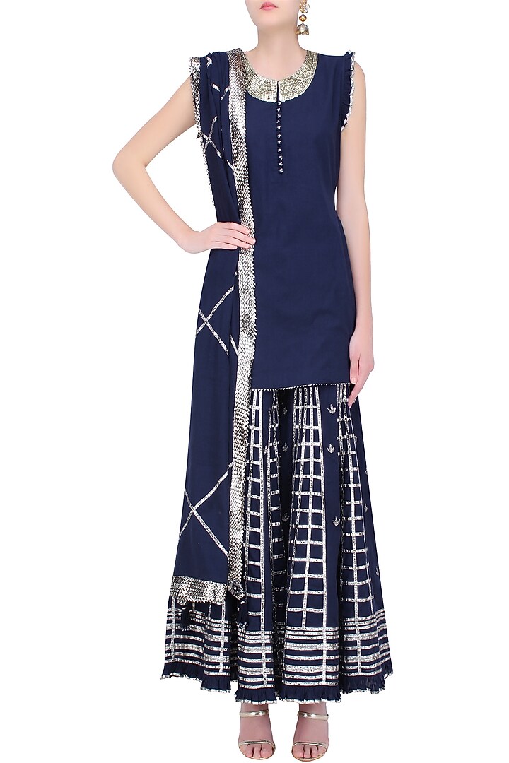 Navy Blue Gota Patti Work Kurta and Sharara Pants Set available only at Pernia's Pop Up Shop.