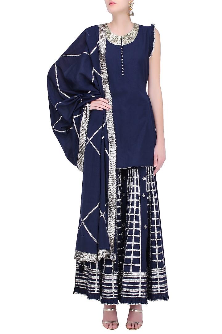 Navy Blue Gota Patti Work Kurta and Sharara Pants Set available only at Pernia's Pop Up Shop.