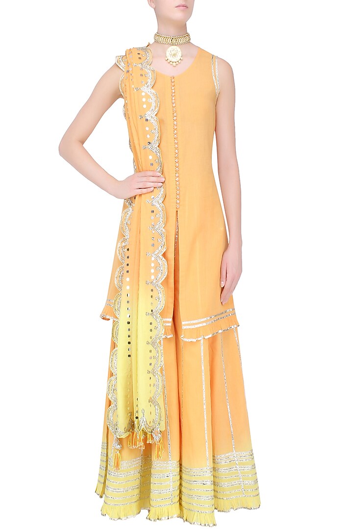 Orange and yellow ombre gota patti embroidered kurta and skirt set available only at Pernia's Pop Up Shop.