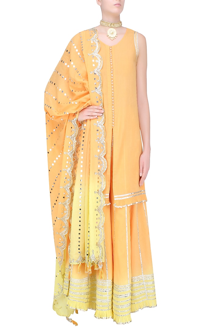 Orange and yellow ombre gota patti embroidered kurta and skirt set available only at Pernia's Pop Up Shop.