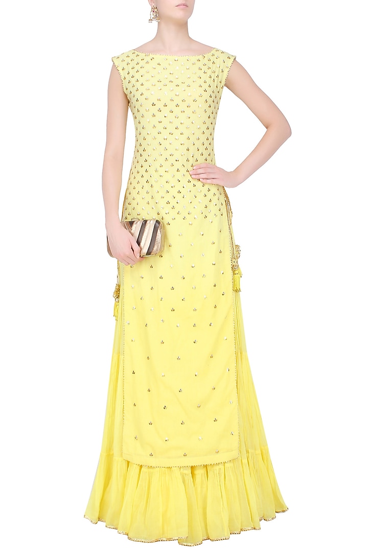 Yellow floral embroidered long kurta and skirt set available only at Pernia's Pop Up Shop.
