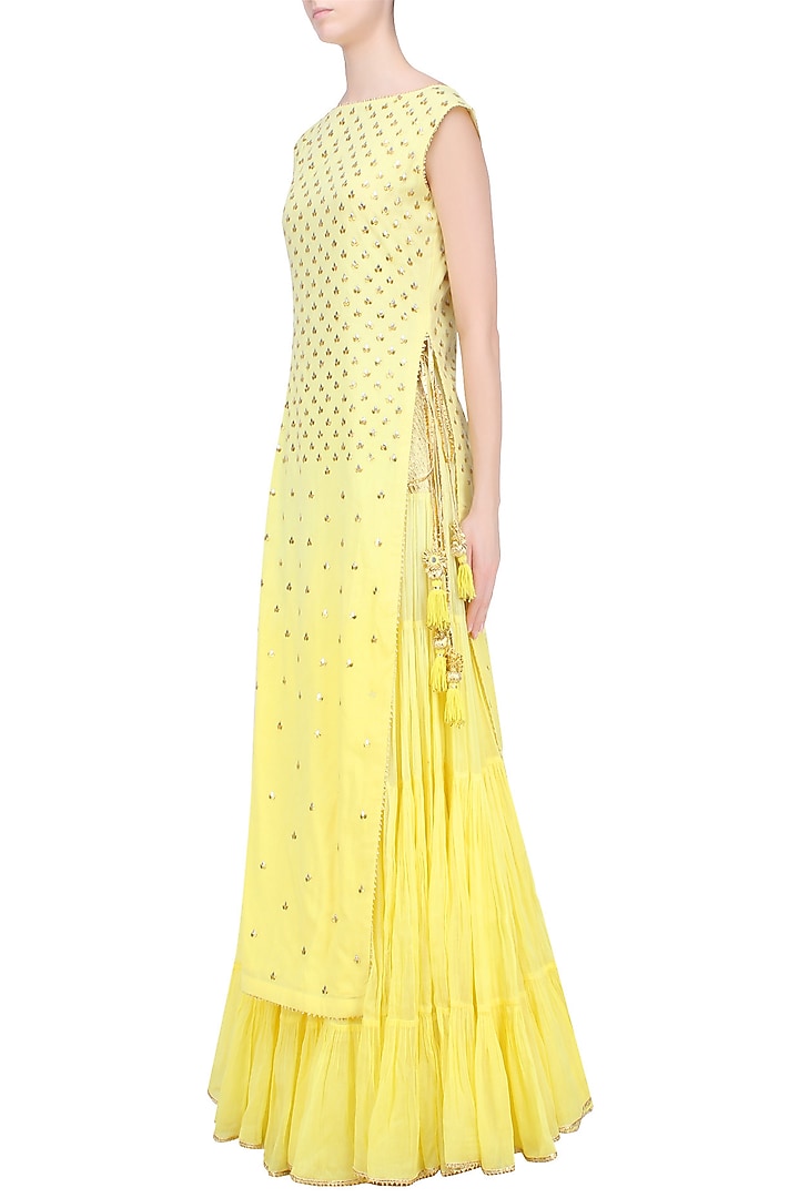 Yellow floral embroidered long kurta and skirt set available only at Pernia's Pop Up Shop.