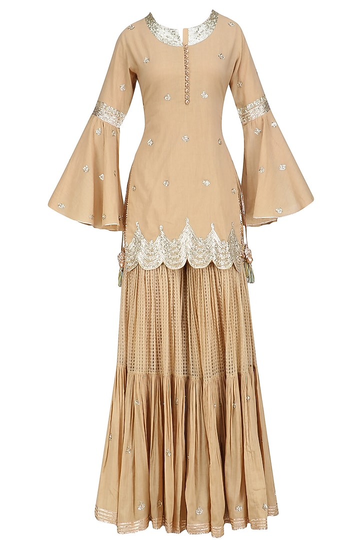 Beige gota patti work kurta and sharara set available only at Pernia's Pop Up Shop.