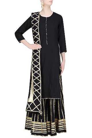 Black and Gold Gota Patti Work Kurta and Sharara Set by Sukriti & Aakriti