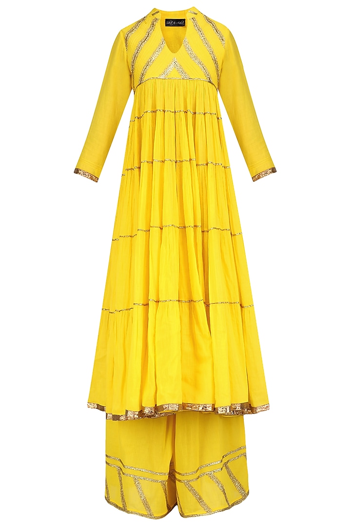 Mango Yellow and Gold Gota Patti Work Flared Anarkali and Pyjama Set by Sukriti & Aakriti