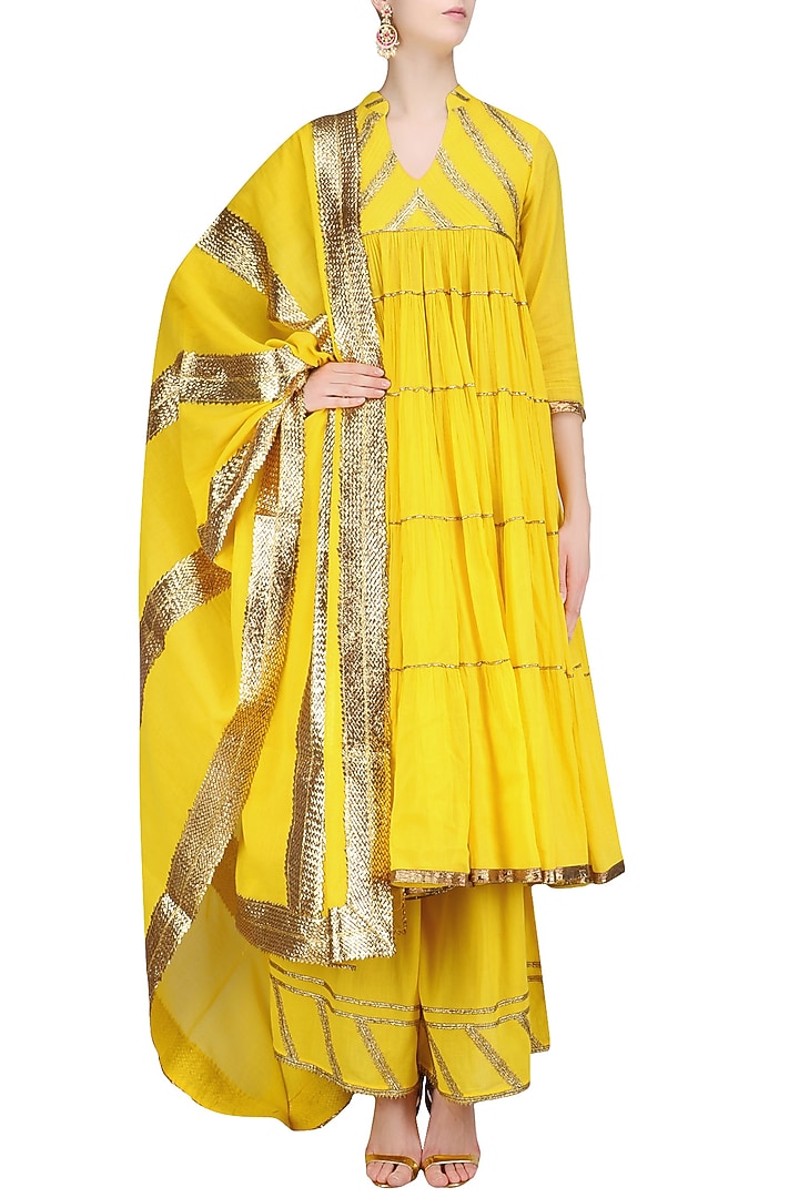 Mango yellow and gold gota patti work flared anarkali and pyjama set available only at Pernia's Pop Up Shop.