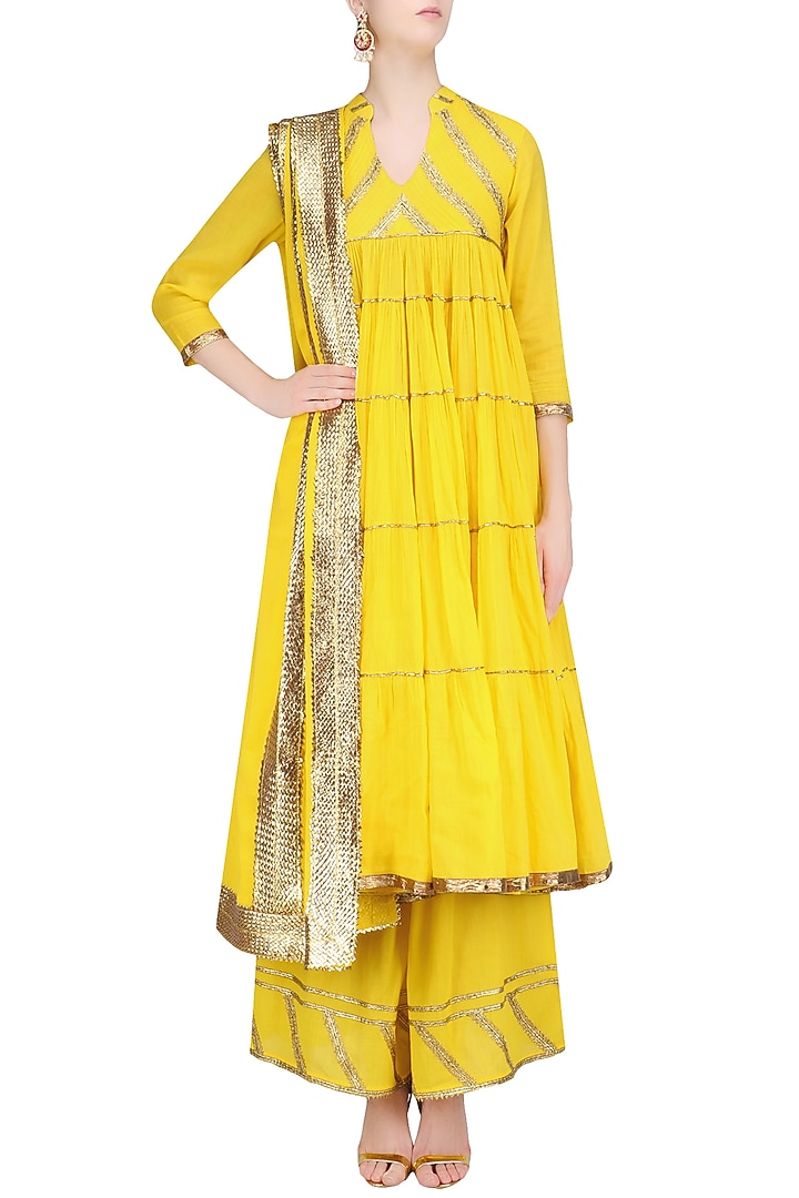 Mango yellow and gold gota patti work flared anarkali and pyjama set available only at Pernia's Pop Up Shop.