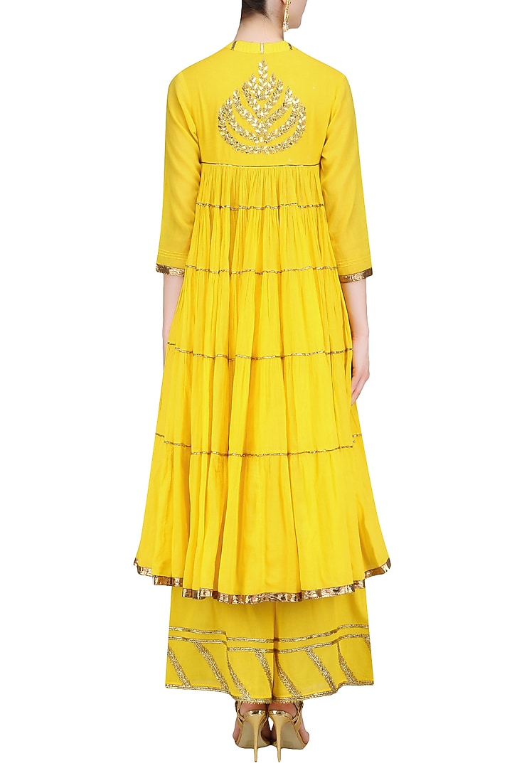 Mango yellow and gold gota patti work flared anarkali and pyjama set available only at Pernia's Pop Up Shop.